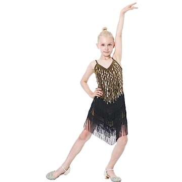 Latin Dance Dress Tassel Salsa Dancewear Sequin Fringe Dress Modern Ballroom Cha Cha Dancer Outfits for Girls (US, Age, 6 Years, 7 Years, Black)