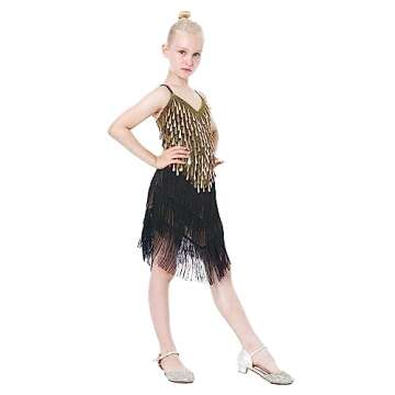 Latin Dance Dress Tassel Salsa Dancewear Sequin Fringe Dress Modern Ballroom Cha Cha Dancer Outfits for Girls (US, Age, 6 Years, 7 Years, Black)