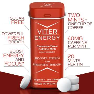 Viter Energy Caffeine Mints (120 Pieces) - 40mg Caffeine, Sugar Free, Vegan, B Vitamins Complex, Energy Supplement Caffeine Pills (Cinnamon, 6 Pack)