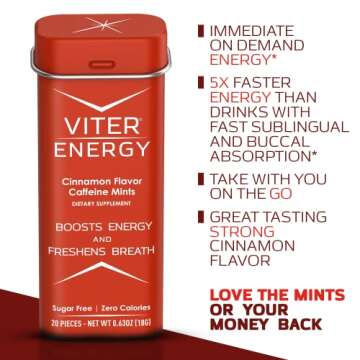 Viter Energy Caffeine Mints (120 Pieces) - 40mg Caffeine, Sugar Free, Vegan, B Vitamins Complex, Energy Supplement Caffeine Pills (Cinnamon, 6 Pack)