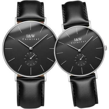 CARNIVAL Simple Dial Analog Quartz Couples Watches Set - Leather Bands (Black)