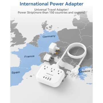 European Travel Plug Adapter, US to European Plug Adapter with 3 American Outlets & 4 USB, 3ft European Power Cord, International Travel Power Strip, Type C for Europe EU Germany France, Travel, White