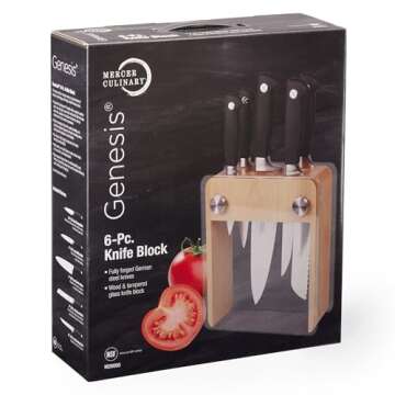 Mercer Culinary M20050 Genesis 6-Piece Wood/Glass Knife Block Set, 15" x 4" x 10", Black/Steel