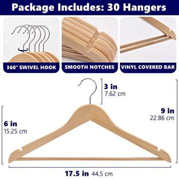 Amber Home 30 Pack Wooden Coat Hangers, Natural Wood Suit Hangers with Non Slip Pant Bar, Clothes Hangers for Shirts, Jackets, Dress, Pant (Natural, 30)