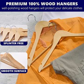 Amber Home 30 Pack Wooden Coat Hangers, Natural Wood Suit Hangers with Non Slip Pant Bar, Clothes Hangers for Shirts, Jackets, Dress, Pant (Natural, 30)