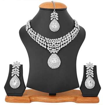 Touchstone Indian Bollywood white/pink crystals wedding evening bridal jewelry necklace in silver tone for women