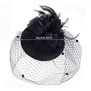 Feather Veil Mesh Hat, Fascinator Hat for Women with Black Lace Gloves, 20s 50s Vintage Tea Party Headwear Wedding Halloween Costume Accessories