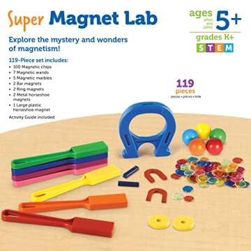 Learning Resources Super Magnet Lab Kit - 119 Pieces, Ages 5+, STEM ,Toys for Kindergartner, Science Learning Activities for Kids,Back to School Supplies,Teacher Supplies