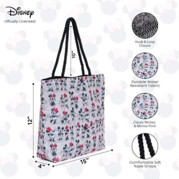 Disney Bag Mickey Mouse & Minnie Mouse Tote Bag, Large Theme Park Vacation Purse, Travel Bag, Big Bag, Work Tote, Carry-On Bag