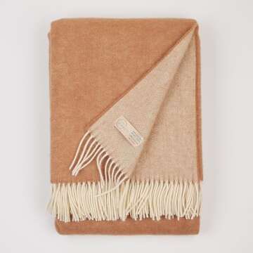 New Zealand Virgin Wool Throw Blanket, Indoor & Outdoor Blankets and Throws, Soft Blanket with Fringes, 55 x 79 in (140 x 200 cm), Beige