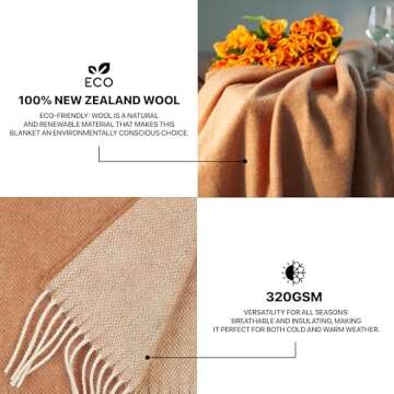 New Zealand Virgin Wool Throw Blanket, Indoor & Outdoor Blankets and Throws, Soft Blanket with Fringes, 55 x 79 in (140 x 200 cm), Beige