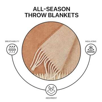 New Zealand Virgin Wool Throw Blanket, Indoor & Outdoor Blankets and Throws, Soft Blanket with Fringes, 55 x 79 in (140 x 200 cm), Beige