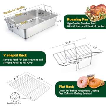 Roasting Pan, E-far 16 x 11.5 Inch Stainless steel Turkey Roaster with Rack - Deep Broiling Pan & V-shaped Rack & Flat Rack, Non-toxic & Heavy Duty, Easy Clean & Dishwasher Safe - Large