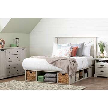 South Shore Avilla Queen Storage Bed with Baskets, Winter Oak and Rattan