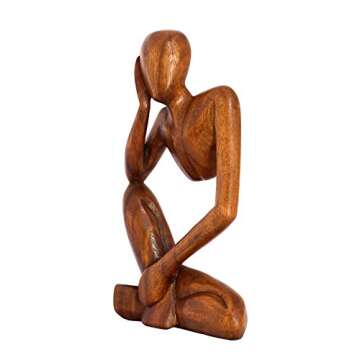 G6 Collection 12" Wooden Handmade Abstract Sculpture Thinker Statue Handcrafted - Thinking Man - Gift Art Modern Decorative Unique Home Decor Figurine Accent Decoration Artwork Hand Carved (Brown)