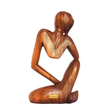 G6 Collection 12" Wooden Handmade Abstract Sculpture Thinker Statue Handcrafted - Thinking Man - Gift Art Modern Decorative Unique Home Decor Figurine Accent Decoration Artwork Hand Carved (Brown)