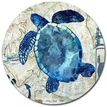 Hand Drawn Colorful Sea Turtle Round Coaster Set of Drink- Made of Polyester Fabric and Recycled Rubber Coaster Set - Set of 4