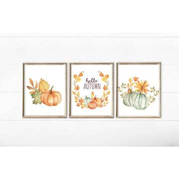 Gubrandin Autumn Decor Fall Decor Wall Art Watercolor Pumpkin Prints Floral Paintings Thanksgiving Farmhouse Home Decorations (8x10 inch 3PCS Unframed)