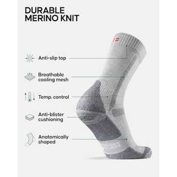 DANISH ENDURANCE Hiking Socks, Winter Socks, Merino Wool Socks, Anti Blister, Cushioned, Crew Socks for Men & Women, 3-Pack, Grey, Small