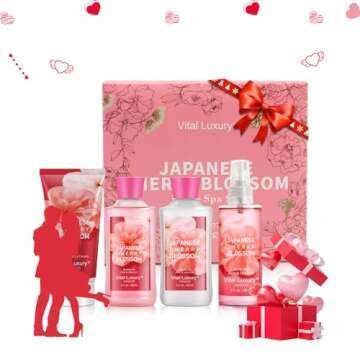 Vital Luxury Bath & Body Kit, 3 Fl Oz Travel Size, Ideal Skincare Relaxing Home Spa Set, Includes Body Lotion, Shower Gel, Body Cream, and Fragrance Mist, Bath Gifts for Her and Him (Japanese Cherry