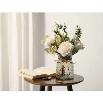 YJ Fake Flowers with Vase, Silk Roses Artificial Flowers in Vase, Faux Flower Arrangement with Vase Suitable for Home Office Decoration, Dining Table Centerpiece(White)