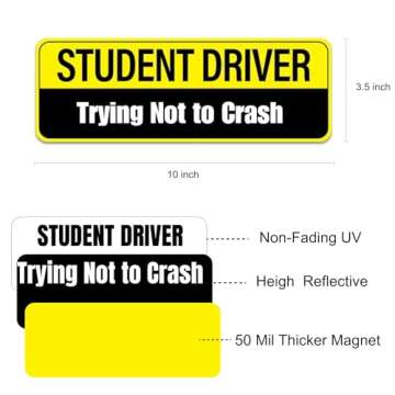 Lusinus Student Driver Magnet for Car - 2-Pack Reflective Funny Magnetic Bumper Sticker Set - Removable Novice Driver Safety Attention Sign - Weather-Resistant 10 x 3.5