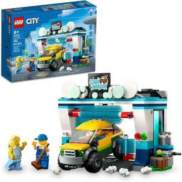 LEGO City Car Wash 60362 Building Toy Set, Fun Gift Idea for Kids Ages 6+, Features Spinnable Washer Brushes and Includes an Automobile and 2 Minifigures