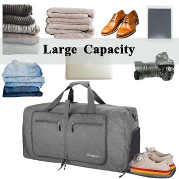 Woogwin Travel Duffel Bag Large Foldable Waterproof Overnight Bag for Beach Swim Bags Pool Sports Gym (60L SnowGrey)