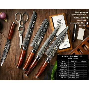 YARENH Kitchen Knife Set, 8 Piece Professional Damascus Chef Knives, Sharp High Carbon Stainless Steel Blade, 73 Layers, Full Tang, Dalbergia Wood Handle, Walnut Wooden Block and Sharpener Stone