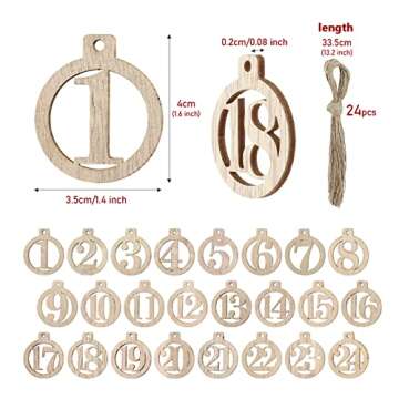 GWHOLE 1-24 Wooden Number with String for Christmas Advent Calendar Countdown Unfinished Number Wood Pieces Wooden Number Pendants for DIY Craft Gift Tags Christmas Decorations