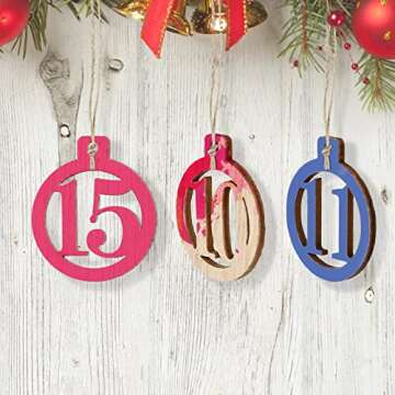 GWHOLE 1-24 Wooden Number with String for Christmas Advent Calendar Countdown Unfinished Number Wood Pieces Wooden Number Pendants for DIY Craft Gift Tags Christmas Decorations