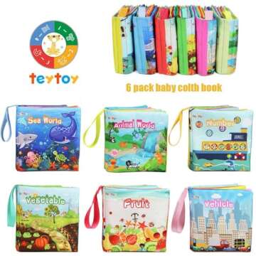 teytoy My First Soft Book,Nontoxic Fabric Baby Cloth Books Early Education Toys Activity Crinkle Cloth Book for Toddler, Infants and Kids Perfect for Baby Shower -Pack of 6