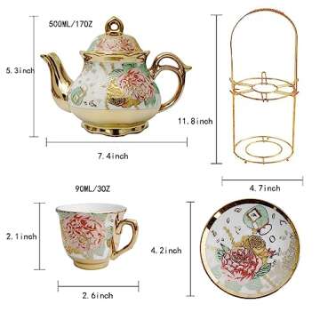 CHANJOON Gold Plated Red Rose Ceramic Tea Set, Vintage Tea Set with Teapot, Beautiful Tea Set Coffee Serving 6 People (Golden, Medium)