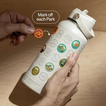 THE GEOPROJECT National Parks Water Bottle with Stickers Kit, Erikas Chesonis Collaboration, Adventure Flask with Straw, Waterproof Stickers for Water Bottle, Insulated Stainless Steel 32oz (Tan)