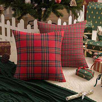 AQOTHES Pack of 2 Christmas Plaid Decorative Throw Pillow Covers Scottish Tartan Cushion Case for Farmhouse Home Holiday Decor Red and Green, 18 x 18 Inches