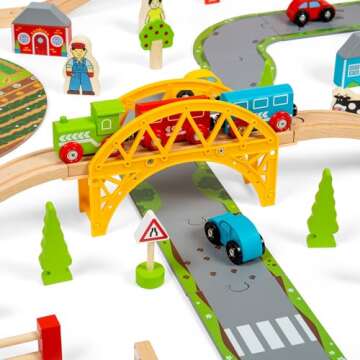 Bigjigs Rail 80 Piece Rural Road and Rail Wooden Train Set - Kids Train Set with 80 Bigjigs Train Accessories incl. Bridges & a Level Crossing for Pretend Play