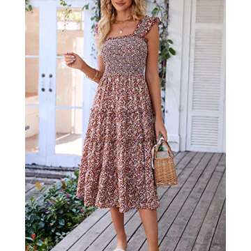 BTFBM Womens Summer Boho Smocked Beach Dresses Sleeveless Shoulder Strap Floral Flowy Tiered Party Midi Casual Sundress(Floral Brown, XX-Large)