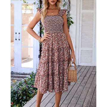 BTFBM Womens Summer Boho Smocked Beach Dresses Sleeveless Shoulder Strap Floral Flowy Tiered Party Midi Casual Sundress(Floral Brown, XX-Large)