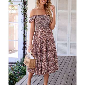 BTFBM Womens Summer Boho Smocked Beach Dresses Sleeveless Shoulder Strap Floral Flowy Tiered Party Midi Casual Sundress(Floral Brown, XX-Large)