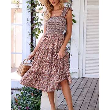 BTFBM Womens Summer Boho Smocked Beach Dresses Sleeveless Shoulder Strap Floral Flowy Tiered Party Midi Casual Sundress(Floral Brown, XX-Large)