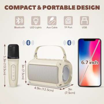 Tomorotec Portable Mini Karaoke Machine Two Microphones, Exceptional Sound Clarity for Kids & Adults, 4 Magical Voices LED Lights Music Player Speaker - Bluetooth, TF Card, USB, AUX Connection (Beige)