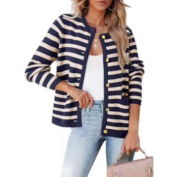 Dokotoo Womens Fall Cardigans Sweaters for Women Trendy Old Money Clothes Winter Fashion Open Front Long Sleeve Soft Chunky Knitted Cropped Casual Striped Cardigans Outwears Jackets Coats Blue Large