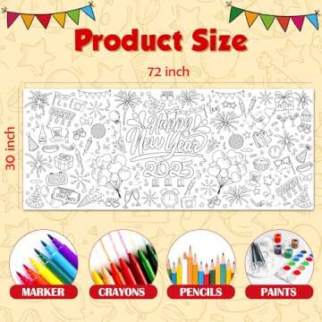 OHOME Happy New Year Giant Coloring Poster/Tablecloth - New Years Decorations 2025-30 x 72 Inches Jumbo Coloring Banner Kids Crafts Activities Party Decorations | New Years Eve Party Supplies