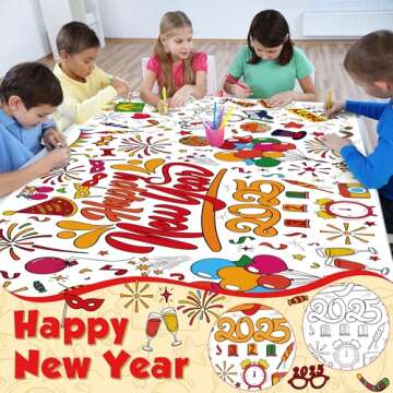 OHOME Happy New Year Giant Coloring Poster/Tablecloth - New Years Decorations 2025-30 x 72 Inches Jumbo Coloring Banner Kids Crafts Activities Party Decorations | New Years Eve Party Supplies