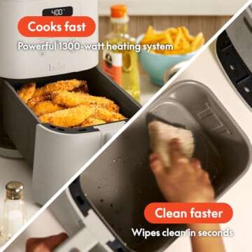 bella 4Qt Slim Air Fryer, Fits-anywhere Kitchenware, EverGood Ceramic Nonstick Coating, Adjustable Temperature, 6 Preset Cooking Options, 60 Min Auto Shutoff w Audible Tone, 3.3lb Capacity, Oatmilk