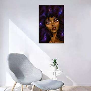 Canvas Wall Art Afro African American Woman Girl Purple Galaxy Space Picture Artwork for Home Kid Girls Room Bedroom Wall Decor Modern Abstract Style Giclee Stretched Framed Ready to Hang(16''Wx24''H)