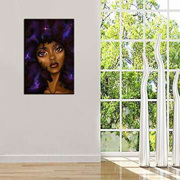 Canvas Wall Art Afro African American Woman Girl Purple Galaxy Space Picture Artwork for Home Kid Girls Room Bedroom Wall Decor Modern Abstract Style Giclee Stretched Framed Ready to Hang(16''Wx24''H)