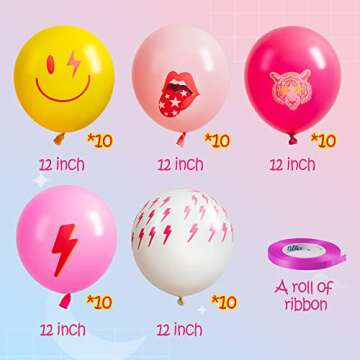 AellasNervalt 50Pcs Preppy Y2k Hot Pink Party Balloons Smile Face Lightning 12inch Latex Balloon with Ribbon Retro Decoration Supplies for Teen Girls Birthday Bachelorette Early 2000s Theme Party