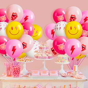 AellasNervalt 50Pcs Preppy Y2k Hot Pink Party Balloons Smile Face Lightning 12inch Latex Balloon with Ribbon Retro Decoration Supplies for Teen Girls Birthday Bachelorette Early 2000s Theme Party