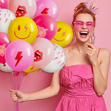 AellasNervalt 50Pcs Preppy Y2k Hot Pink Party Balloons Smile Face Lightning 12inch Latex Balloon with Ribbon Retro Decoration Supplies for Teen Girls Birthday Bachelorette Early 2000s Theme Party